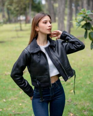 CHAQUETA CUERINA BORREGO CINTURÓN - Negro