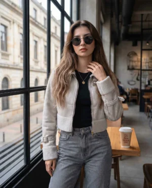 CHAQUETA CUERINA BORREGO- Nude Claro